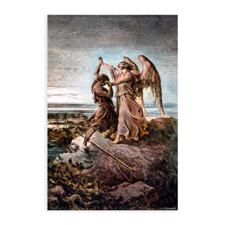 Produktbild des Posters auf dem das Bild: Jakobs Kampf am Jabbok koloriert durch herzensglaube und im Orginal von Gastave Doré drauf gedruckt ist