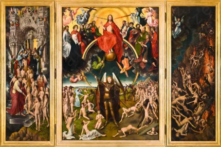 Das Geälde "Das Jüngste Gericht" von Hans Memling. Jesus tront über allem im Himmel während unten auf der Erde gerichtet werden, ob sie in den Himmel oder die Hölle kommen.