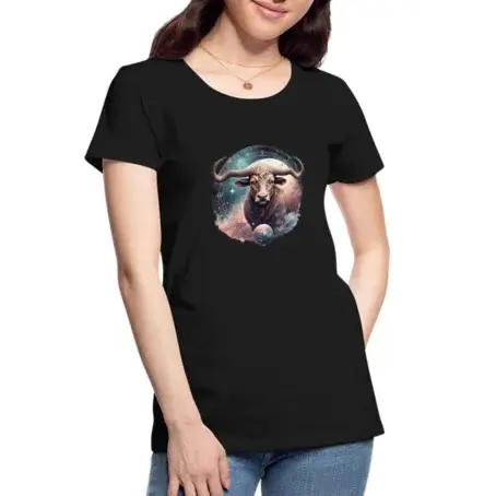 Eine Frau präsentiert ein T-Shirt im close up auf dem ein Stier passend zum Sternzeichen Stier elegant passend zum dazugehörigen Erdelement durch den Staub geht.
