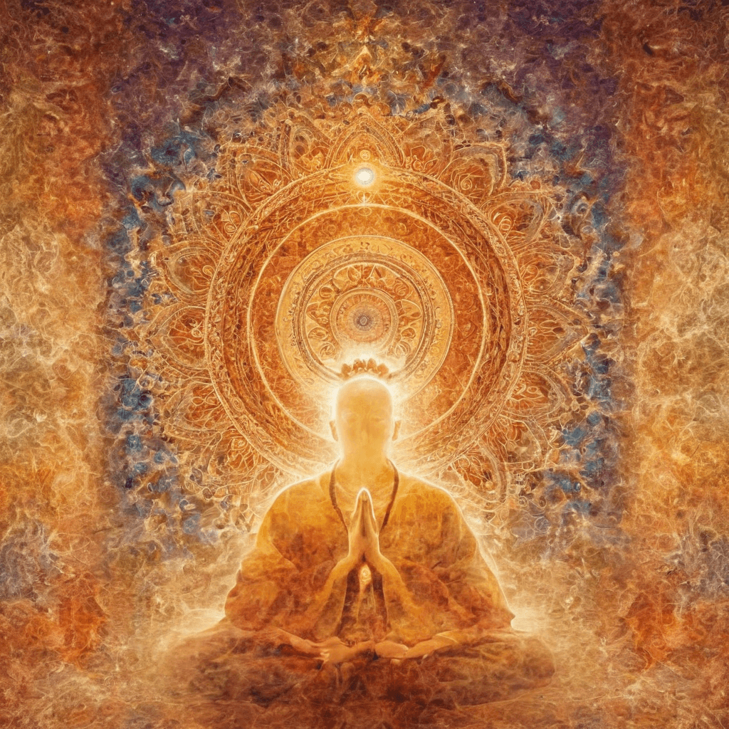 Ein abstraktes spirituelles Kunstwerk mit einem leuchtenden buddhistischen Mönch, der gerade meditiert.